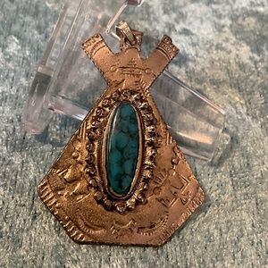 Vintage Signed DACO Silver Turquoise Teepee Shaped Southwestern Style Pendant
